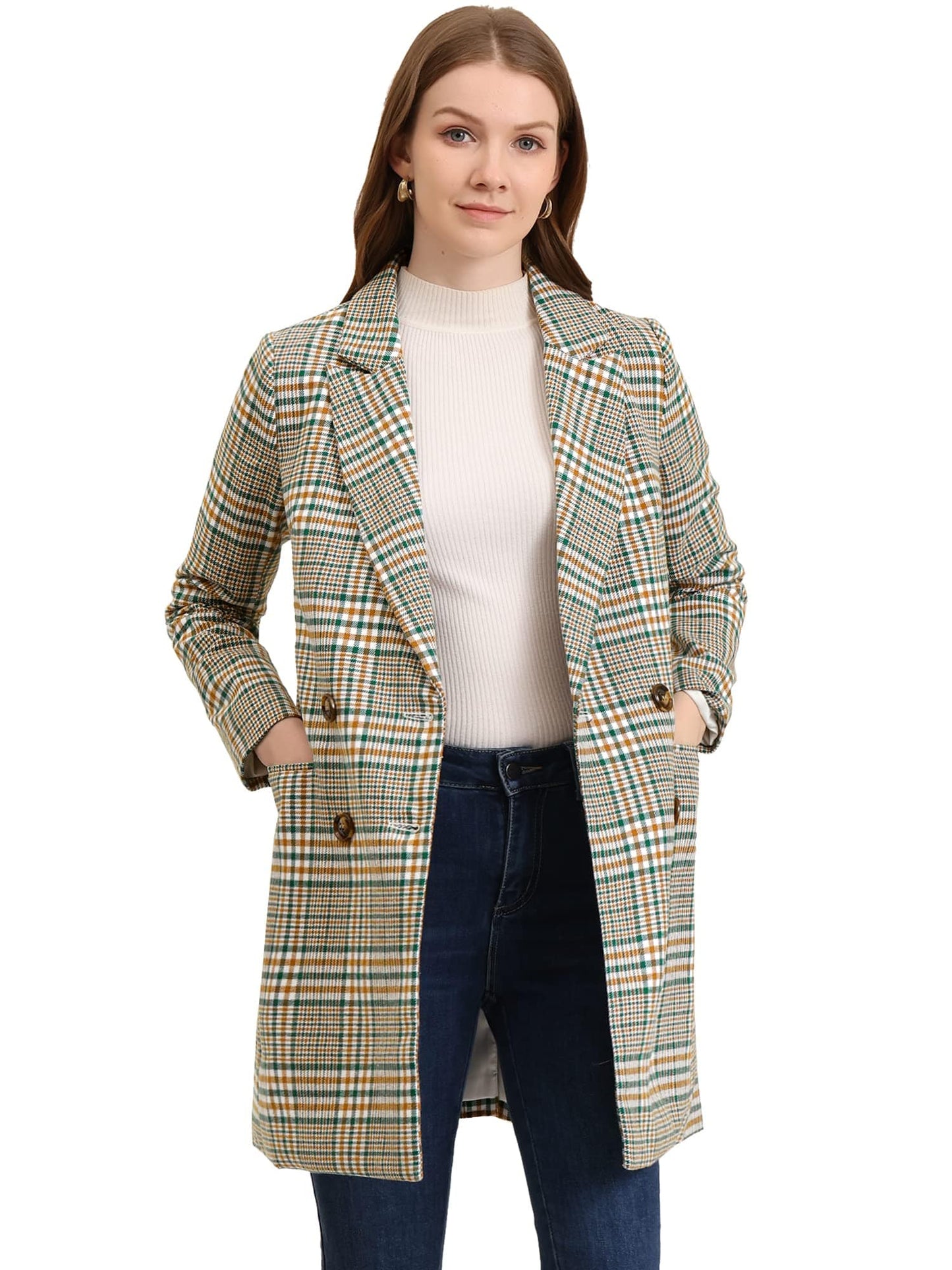 Allegra K Women's Double Breasted Notched Lapel Plaid Trench Blazer Coat - Xpressa