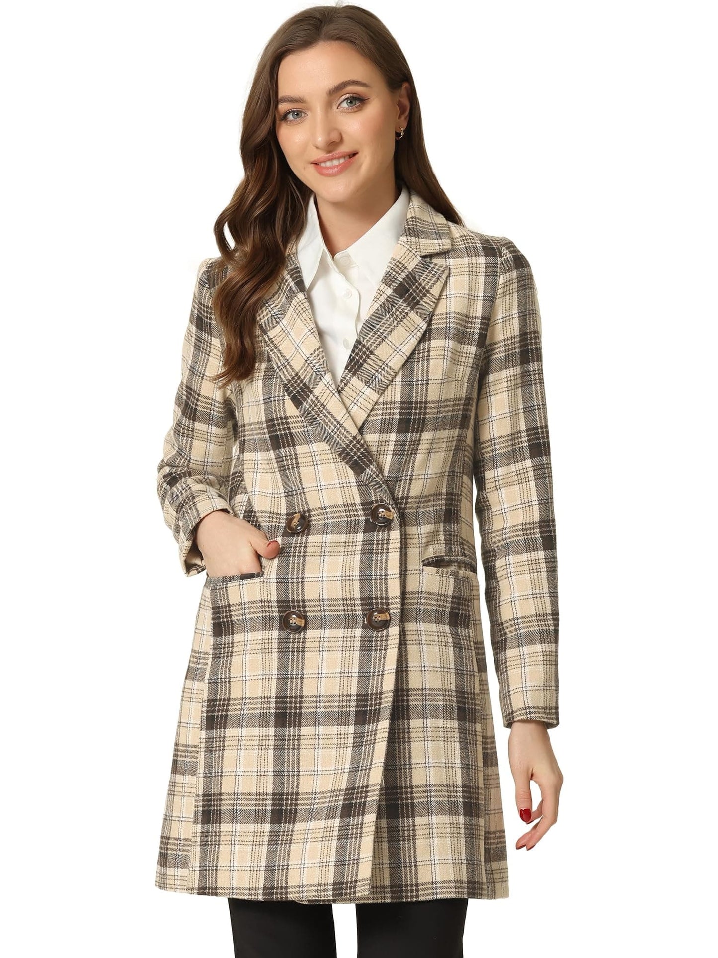 Allegra K Women's Double Breasted Notched Lapel Plaid Trench Blazer Coat - Xpressa