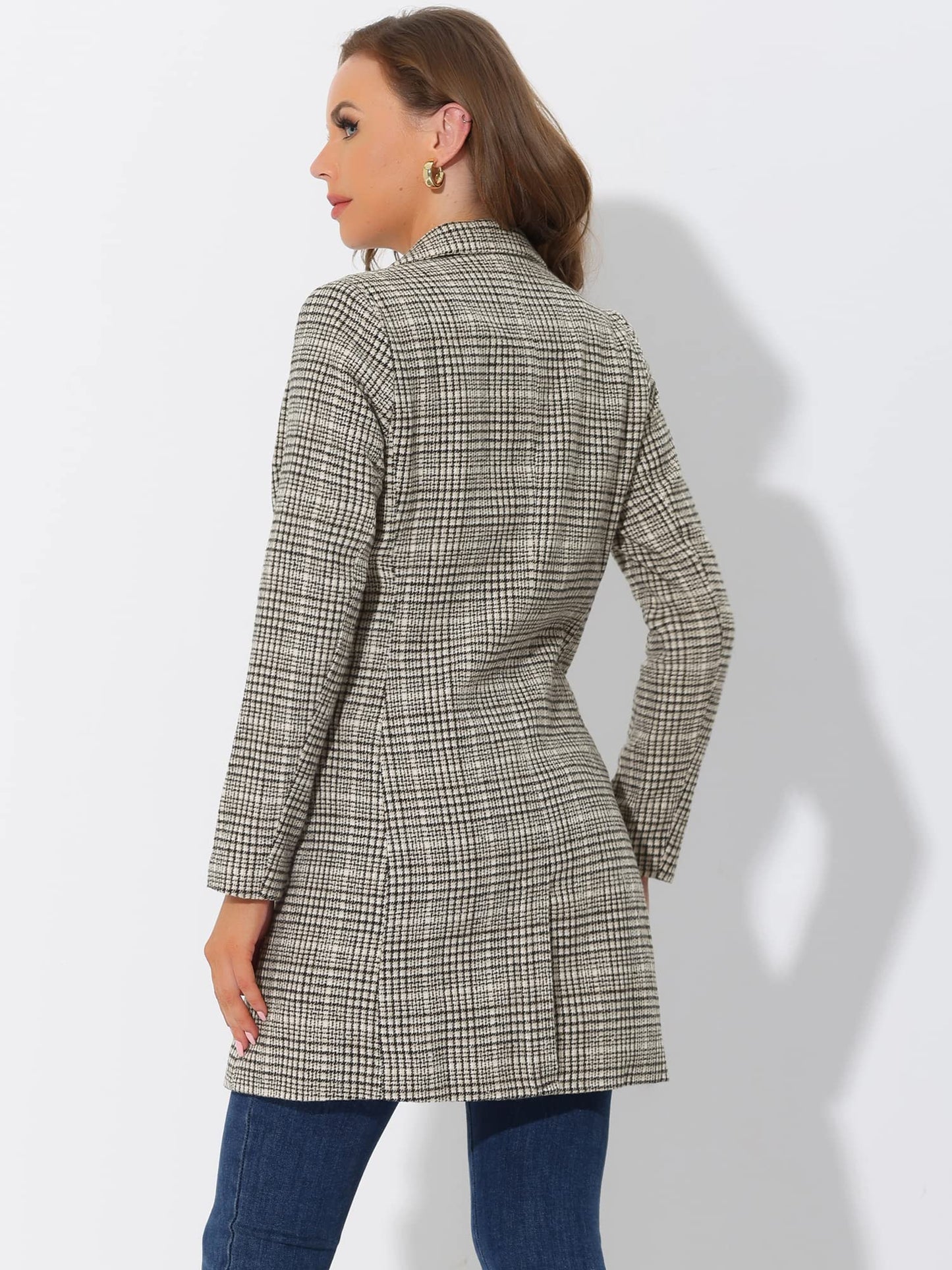 Allegra K Women's Double Breasted Notched Lapel Plaid Trench Blazer Coat - Xpressa