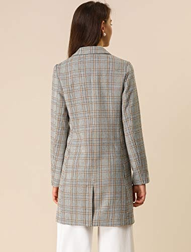 Allegra K Women's Double Breasted Notched Lapel Plaid Trench Blazer Coat - Xpressa