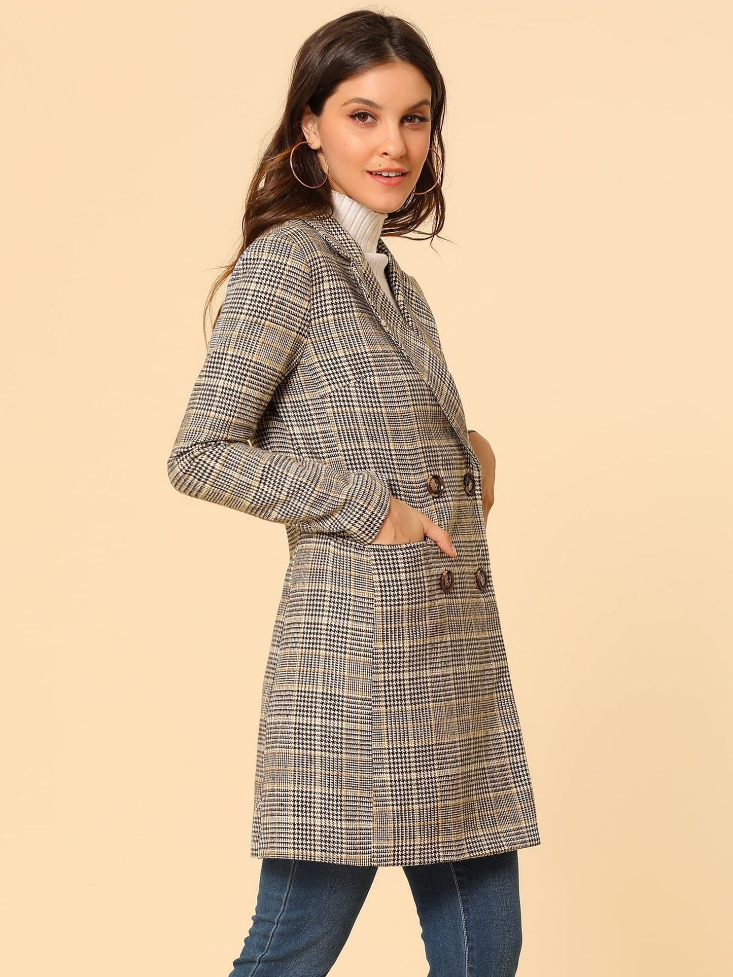 Allegra K Women's Double Breasted Notched Lapel Plaid Trench Blazer Coat - Xpressa