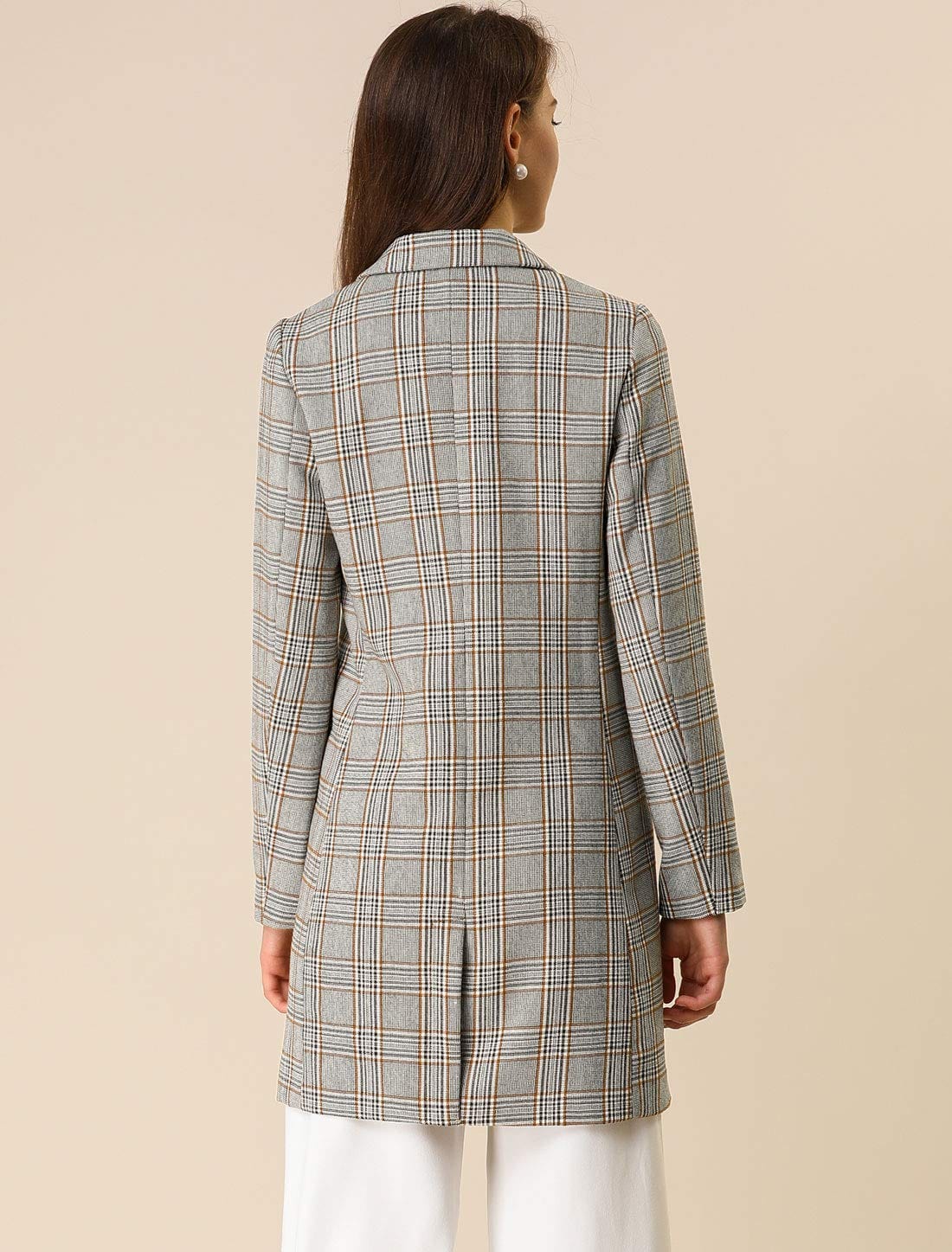 Allegra K Women's Double Breasted Notched Lapel Plaid Trench Blazer Coat - Xpressa