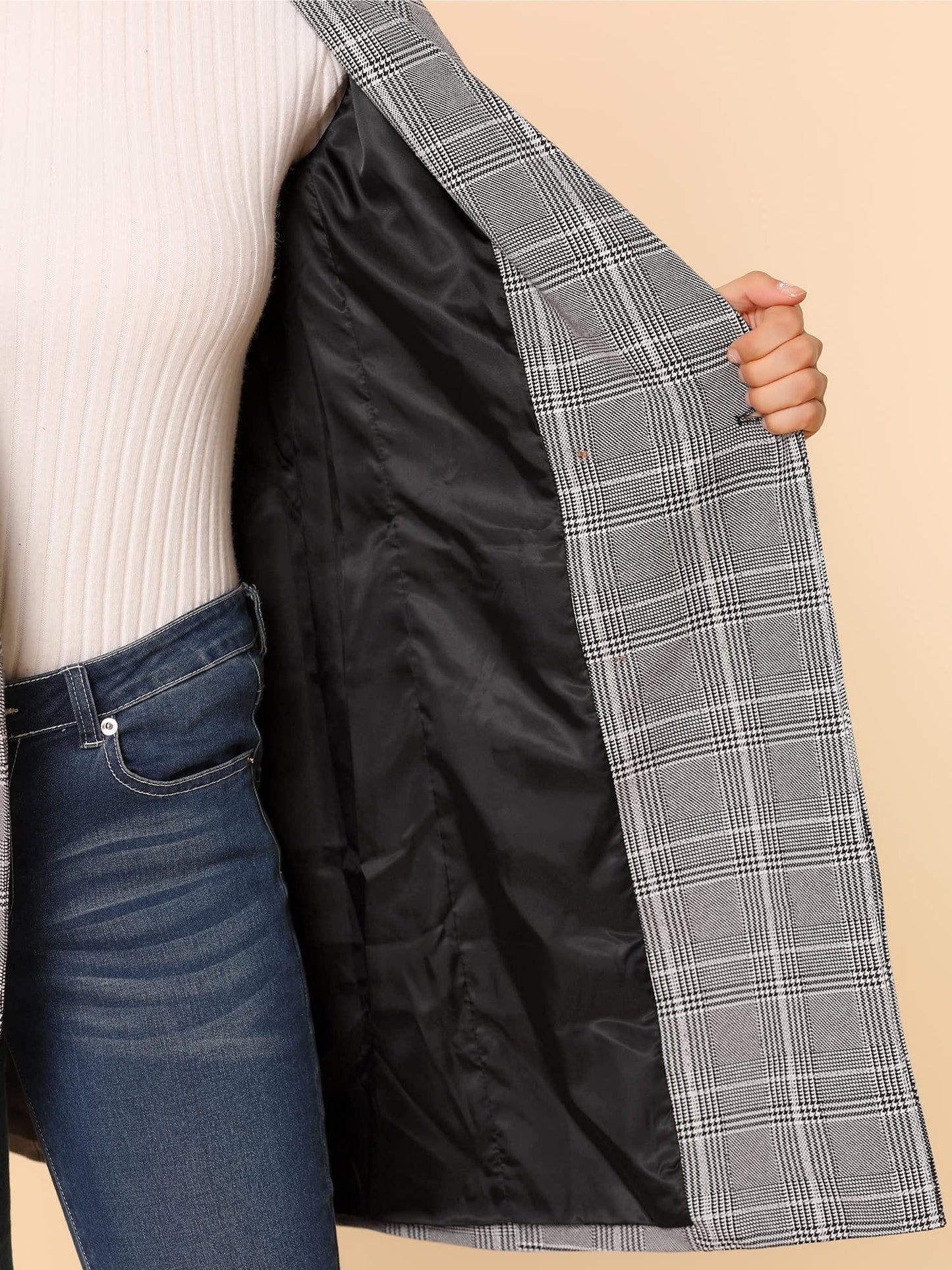 Allegra K Women's Double Breasted Notched Lapel Plaid Trench Blazer Coat - Xpressa