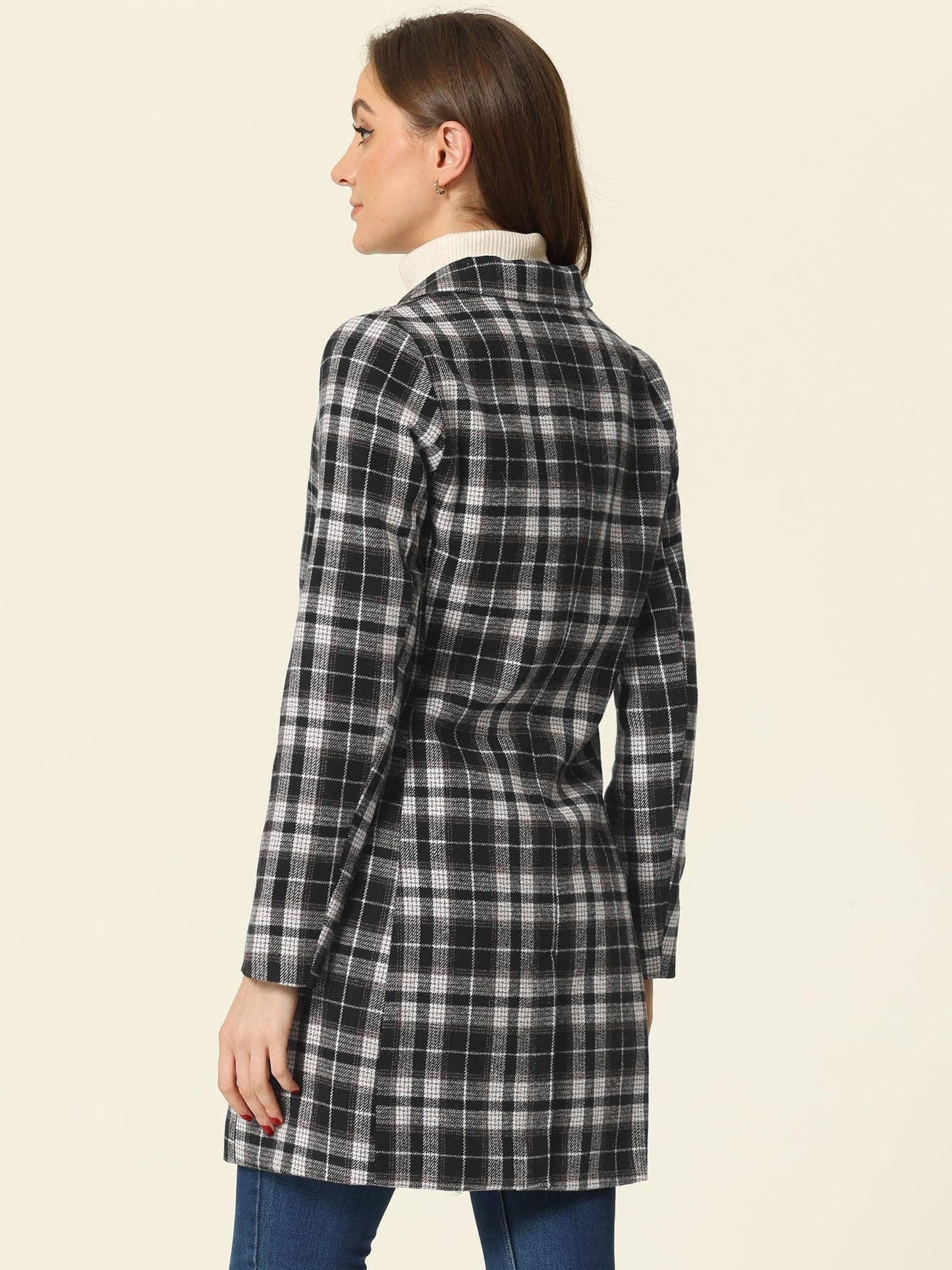 Allegra K Women's Double Breasted Notched Lapel Plaid Trench Blazer Coat - Xpressa