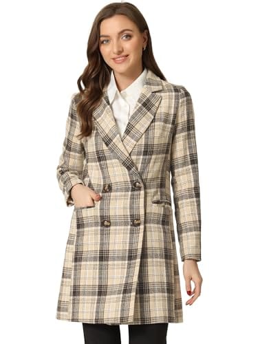 Allegra K Women's Double Breasted Notched Lapel Plaid Trench Blazer Coat - Xpressa