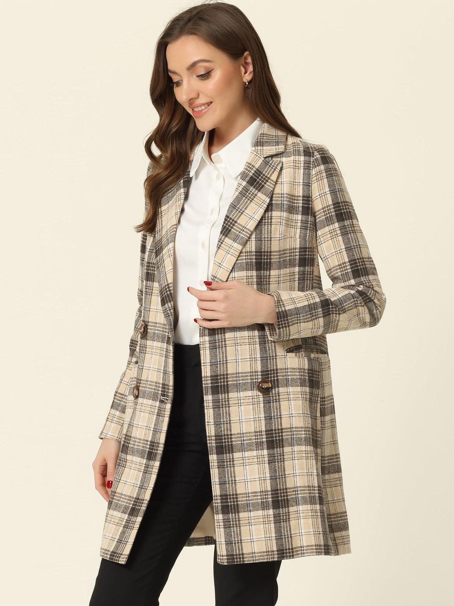 Allegra K Women's Double Breasted Notched Lapel Plaid Trench Blazer Coat - Xpressa