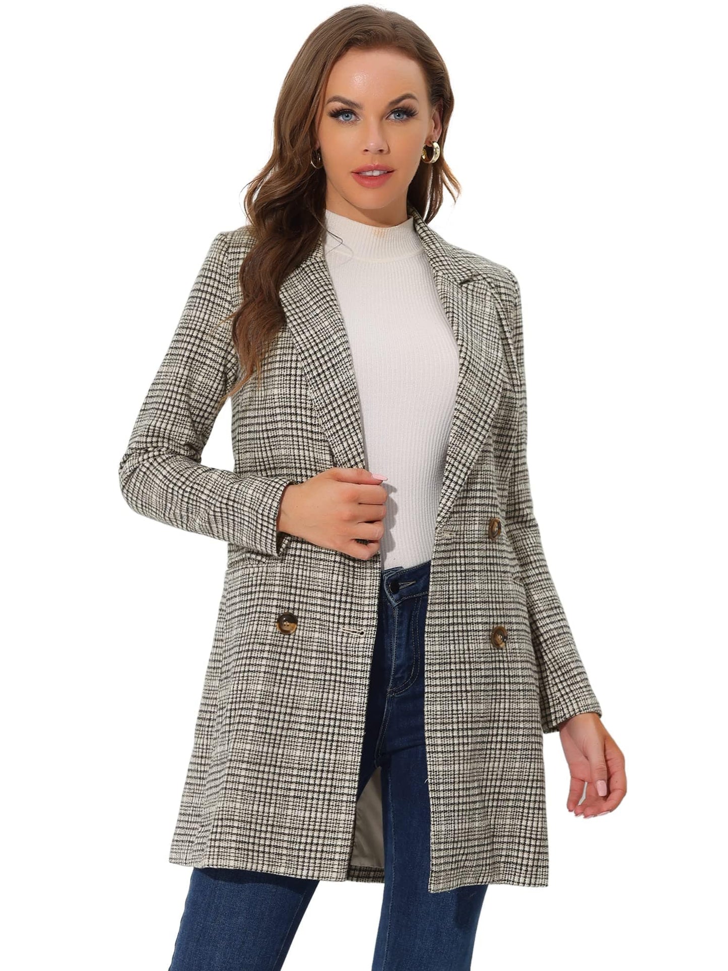 Allegra K Women's Double Breasted Notched Lapel Plaid Trench Blazer Coat - Xpressa