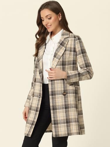 Allegra K Women's Double Breasted Notched Lapel Plaid Trench Blazer Coat - Xpressa