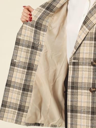 Allegra K Women's Double Breasted Notched Lapel Plaid Trench Blazer Coat - Xpressa