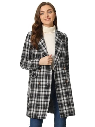 Allegra K Women's Double Breasted Notched Lapel Plaid Trench Blazer Coat - Xpressa