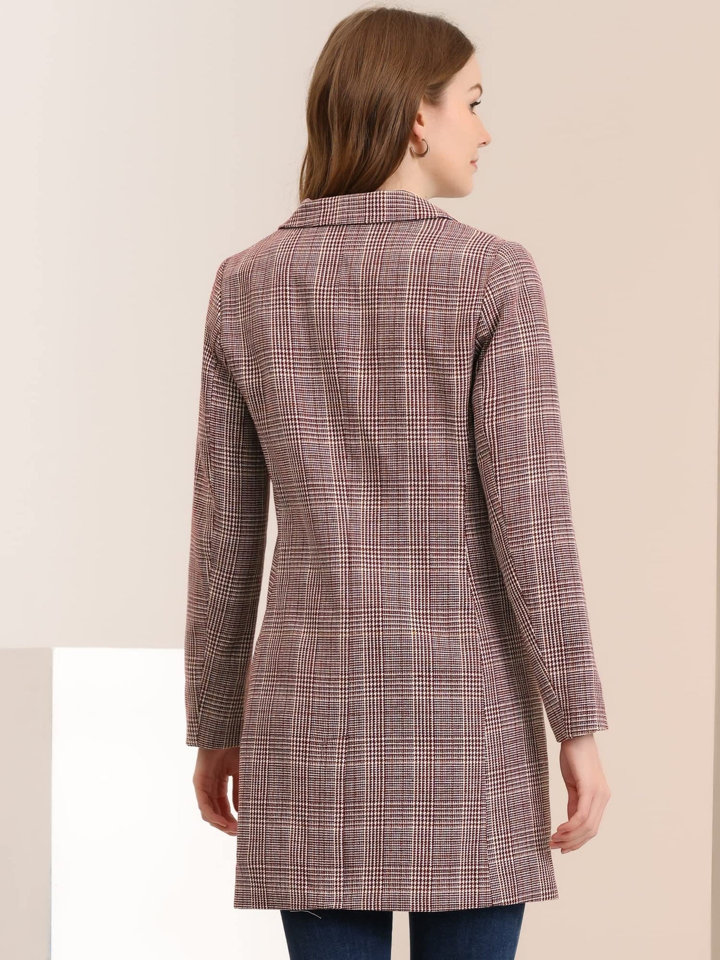 Allegra K Women's Double Breasted Notched Lapel Plaid Trench Blazer Coat - Xpressa