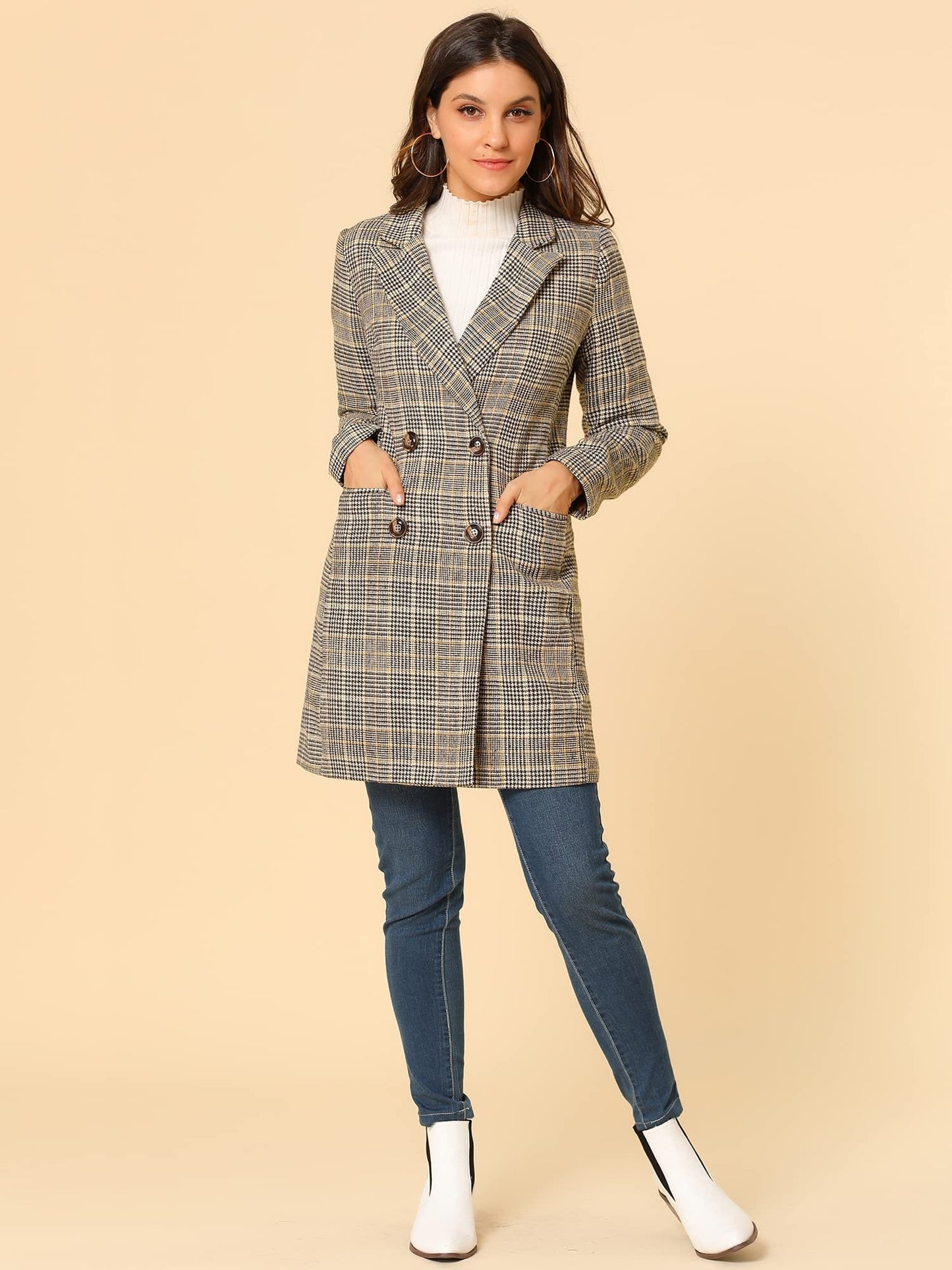 Allegra K Women's Double Breasted Notched Lapel Plaid Trench Blazer Coat - Xpressa