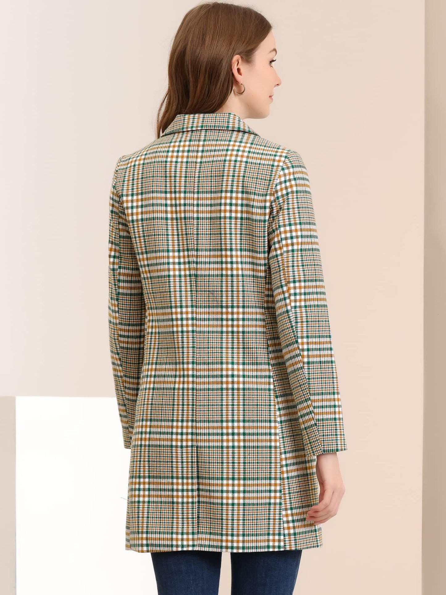 Allegra K Women's Double Breasted Notched Lapel Plaid Trench Blazer Coat - Xpressa