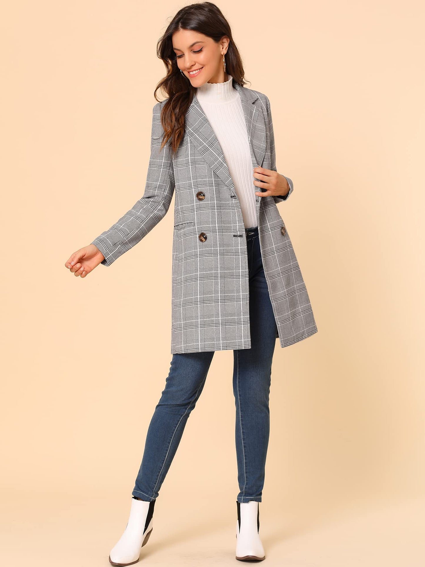 Allegra K Women's Double Breasted Notched Lapel Plaid Trench Blazer Coat - Xpressa