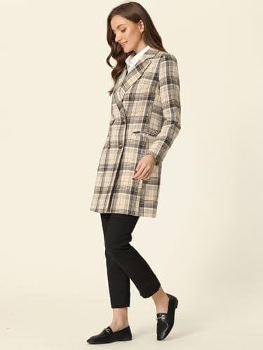 Allegra K Women's Double Breasted Notched Lapel Plaid Trench Blazer Coat - Xpressa