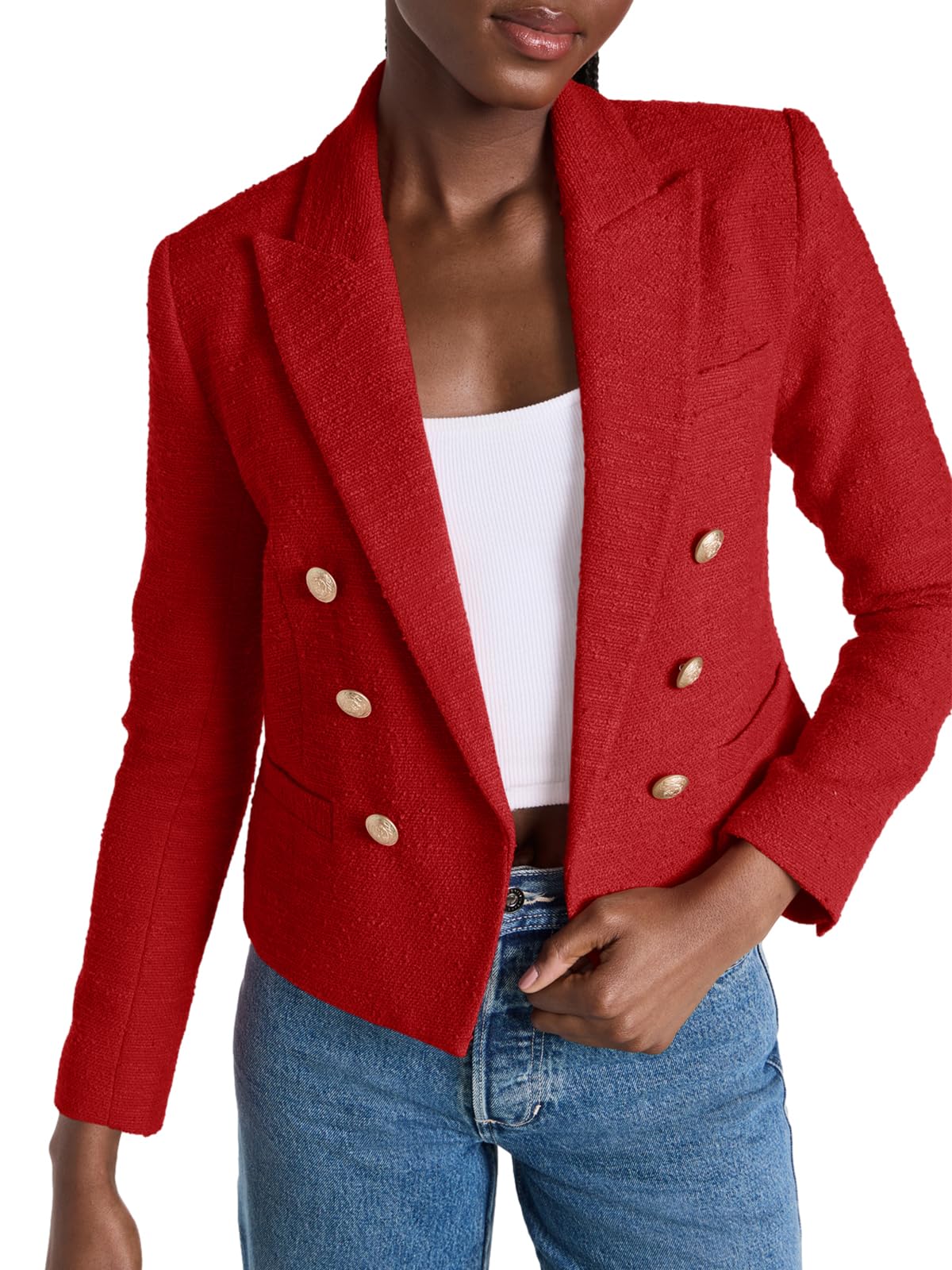 Cicy Bell Women Double Breasted Cropped Blazer Jackets Lapel Open Front Long Sleeve Business Suit Jackets with Pocket - Xpressa