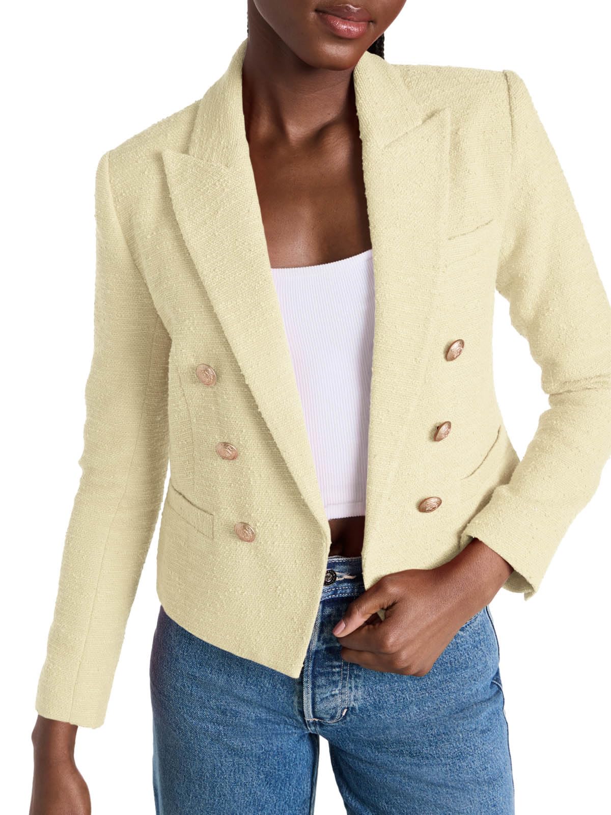 Cicy Bell Women Double Breasted Cropped Blazer Jackets Lapel Open Front Long Sleeve Business Suit Jackets with Pocket - Xpressa
