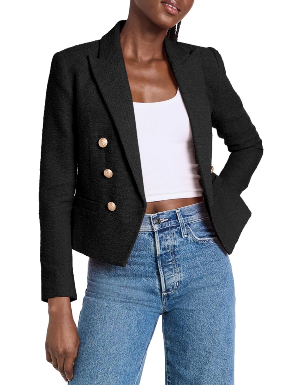 Cicy Bell Women Double Breasted Cropped Blazer Jackets Lapel Open Front Long Sleeve Business Suit Jackets with Pocket - Xpressa