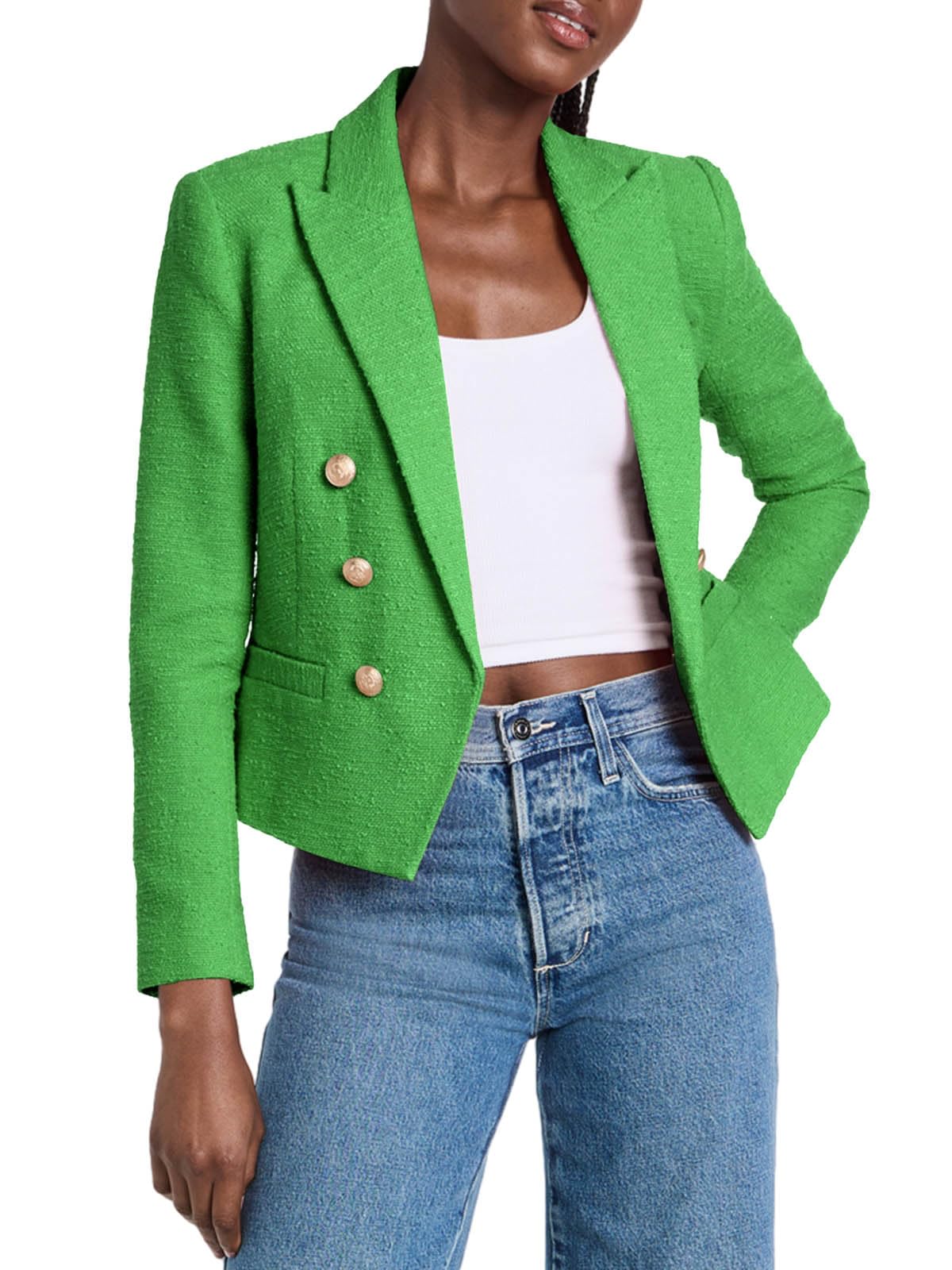 Cicy Bell Women Double Breasted Cropped Blazer Jackets Lapel Open Front Long Sleeve Business Suit Jackets with Pocket - Xpressa