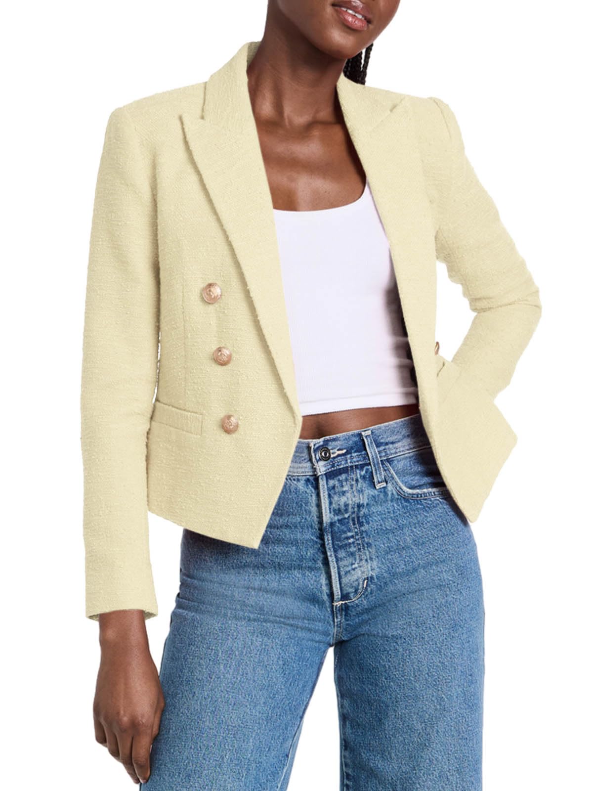 Cicy Bell Women Double Breasted Cropped Blazer Jackets Lapel Open Front Long Sleeve Business Suit Jackets with Pocket - Xpressa