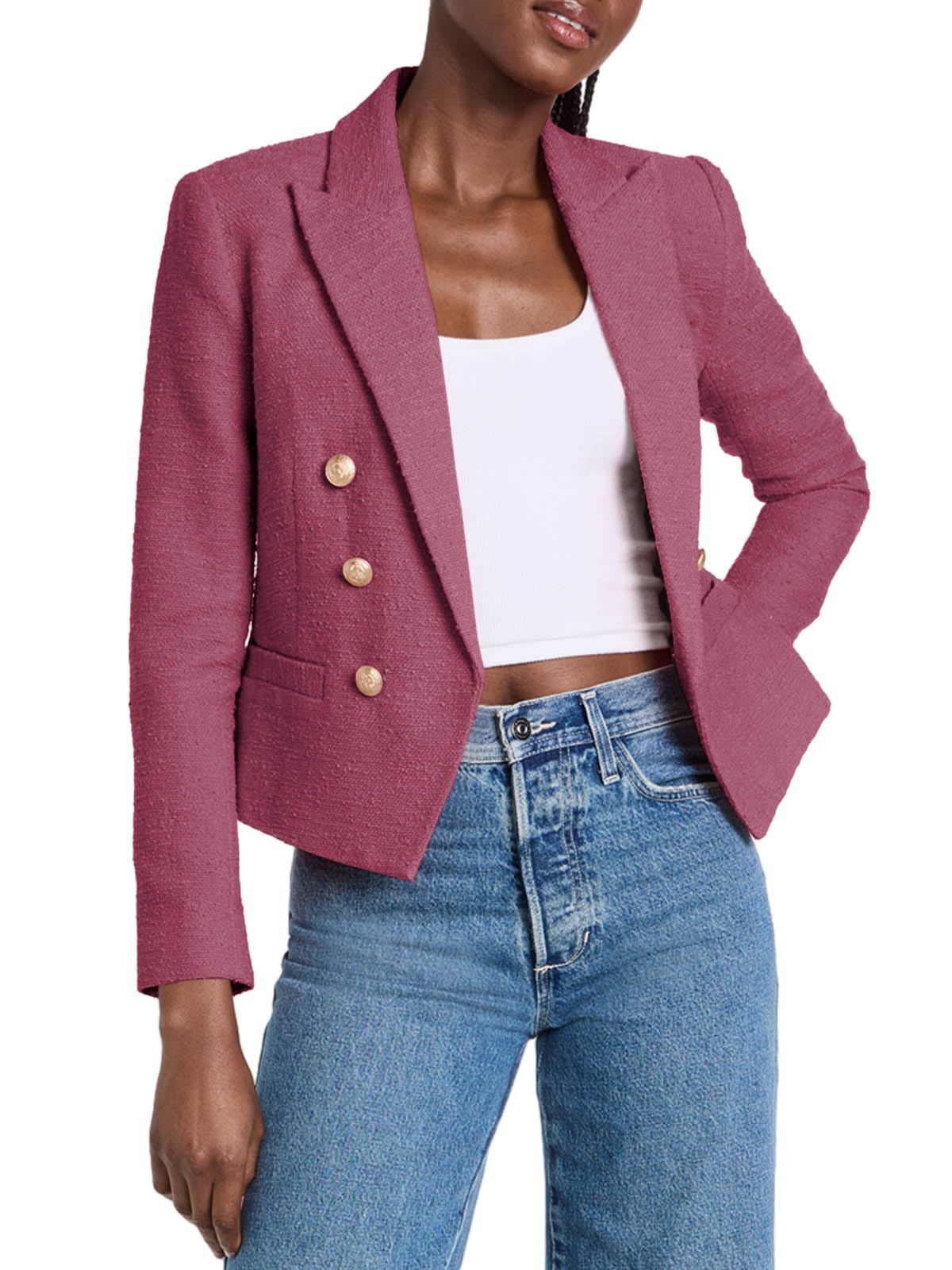 Cicy Bell Women Double Breasted Cropped Blazer Jackets Lapel Open Front Long Sleeve Business Suit Jackets with Pocket - Xpressa