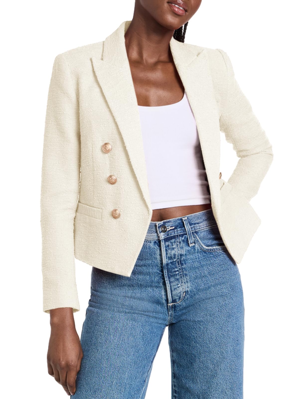 Cicy Bell Women Double Breasted Cropped Blazer Jackets Lapel Open Front Long Sleeve Business Suit Jackets with Pocket - Xpressa