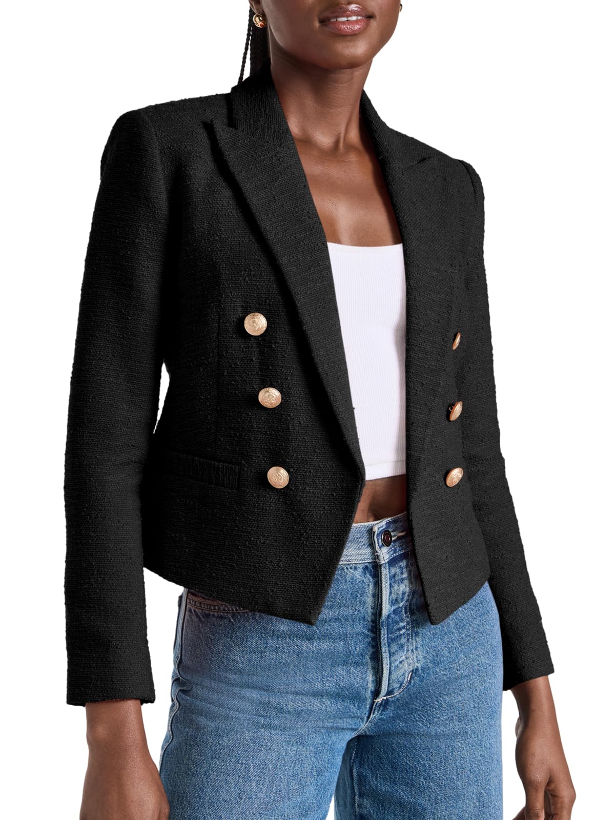 Cicy Bell Women Double Breasted Cropped Blazer Jackets Lapel Open Front Long Sleeve Business Suit Jackets with Pocket - Xpressa