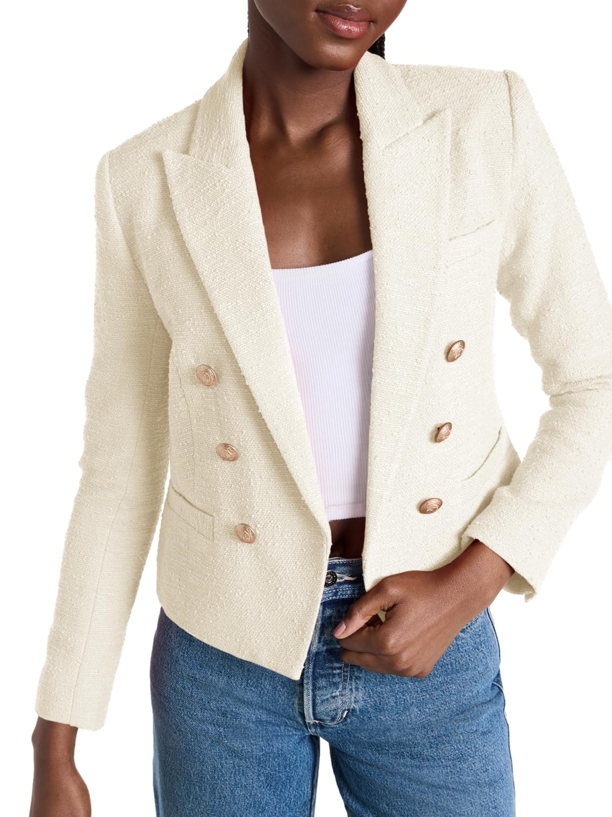 Cicy Bell Women Double Breasted Cropped Blazer Jackets Lapel Open Front Long Sleeve Business Suit Jackets with Pocket - Xpressa