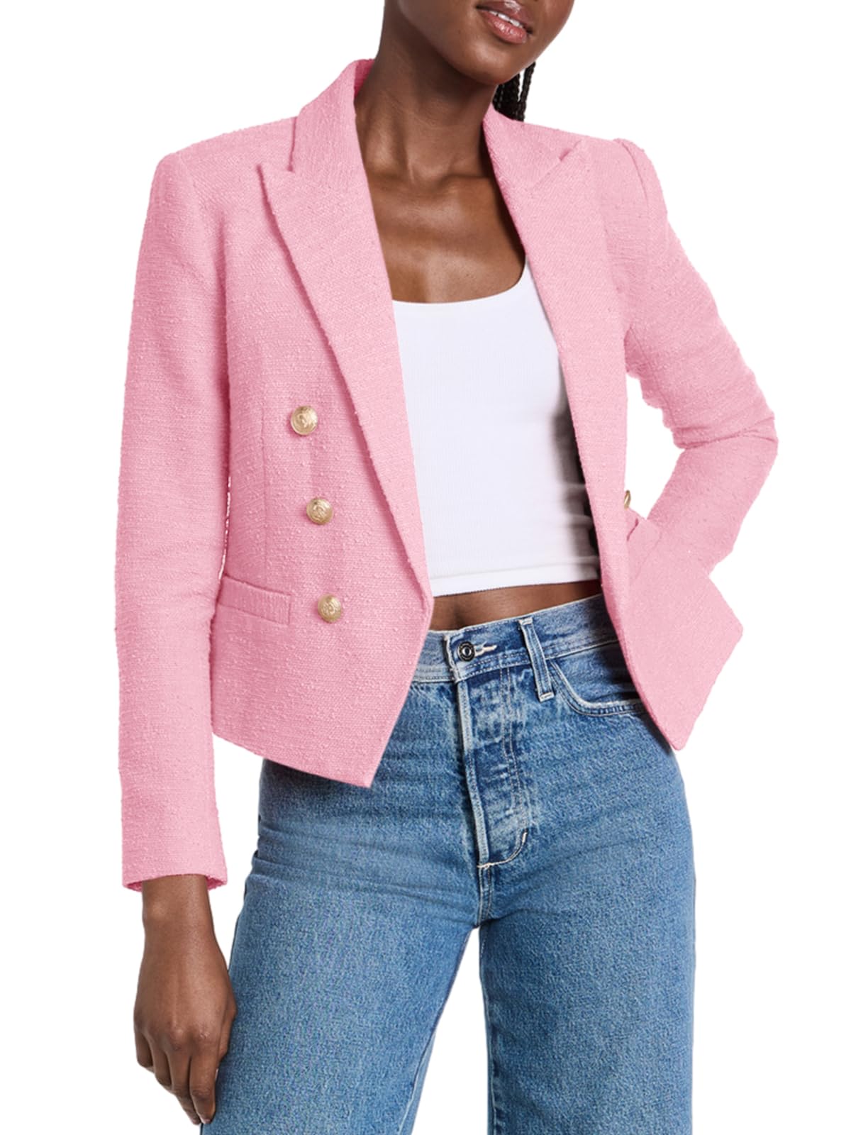 Cicy Bell Women Double Breasted Cropped Blazer Jackets Lapel Open Front Long Sleeve Business Suit Jackets with Pocket - Xpressa