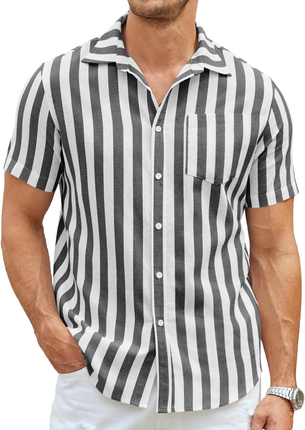COOFANDY Men's Linen Shirts Casual Button Down Short Sleeve Summer Beach Shirt Hawaiian Vacation Shirts - Xpressa