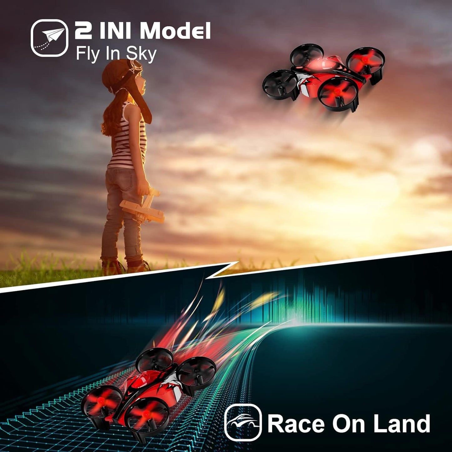 2 In 1 Mini Drones for Kids Remote Control Drone with Land Mode or Fly Mode, LED Lights,Auto Hovering, 3D Flip,Headless Mode and 2 Batteries,Toys Gifts for Boys Girls (Harbor Pink) - Xpressa
