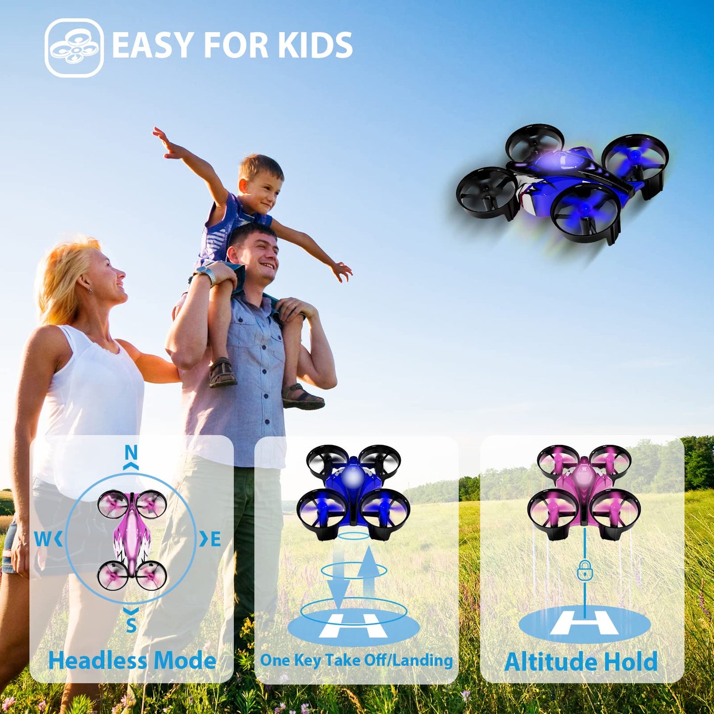 2 In 1 Mini Drones for Kids Remote Control Drone with Land Mode or Fly Mode, LED Lights,Auto Hovering, 3D Flip,Headless Mode and 2 Batteries,Toys Gifts for Boys Girls (Harbor Pink) - Xpressa