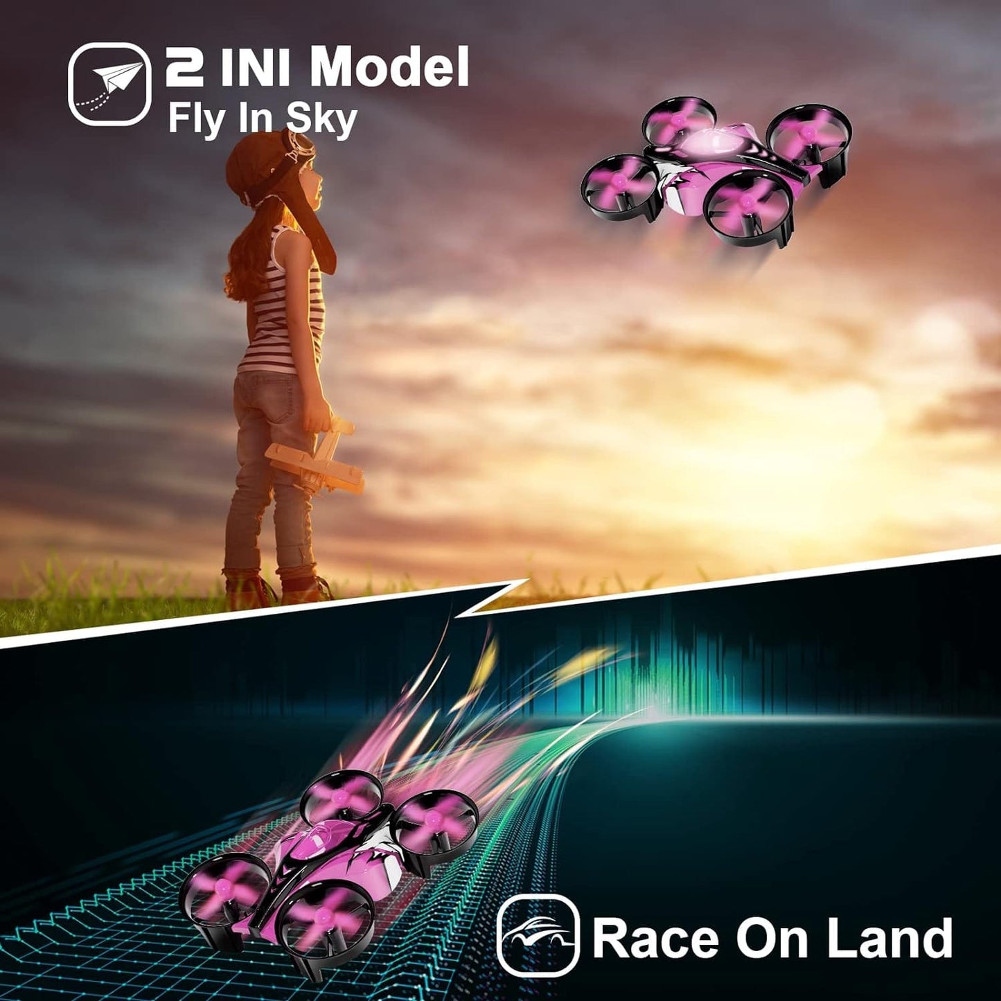 2 In 1 Mini Drones for Kids Remote Control Drone with Land Mode or Fly Mode, LED Lights,Auto Hovering, 3D Flip,Headless Mode and 2 Batteries,Toys Gifts for Boys Girls (Harbor Pink) - Xpressa