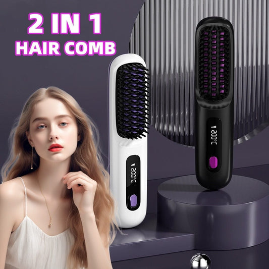 2 In 1 Straight Hair Comb Wireless Hair Straightener Brush Hair Fast Heating Portable Hot Curler USB Charging - Xpressa
