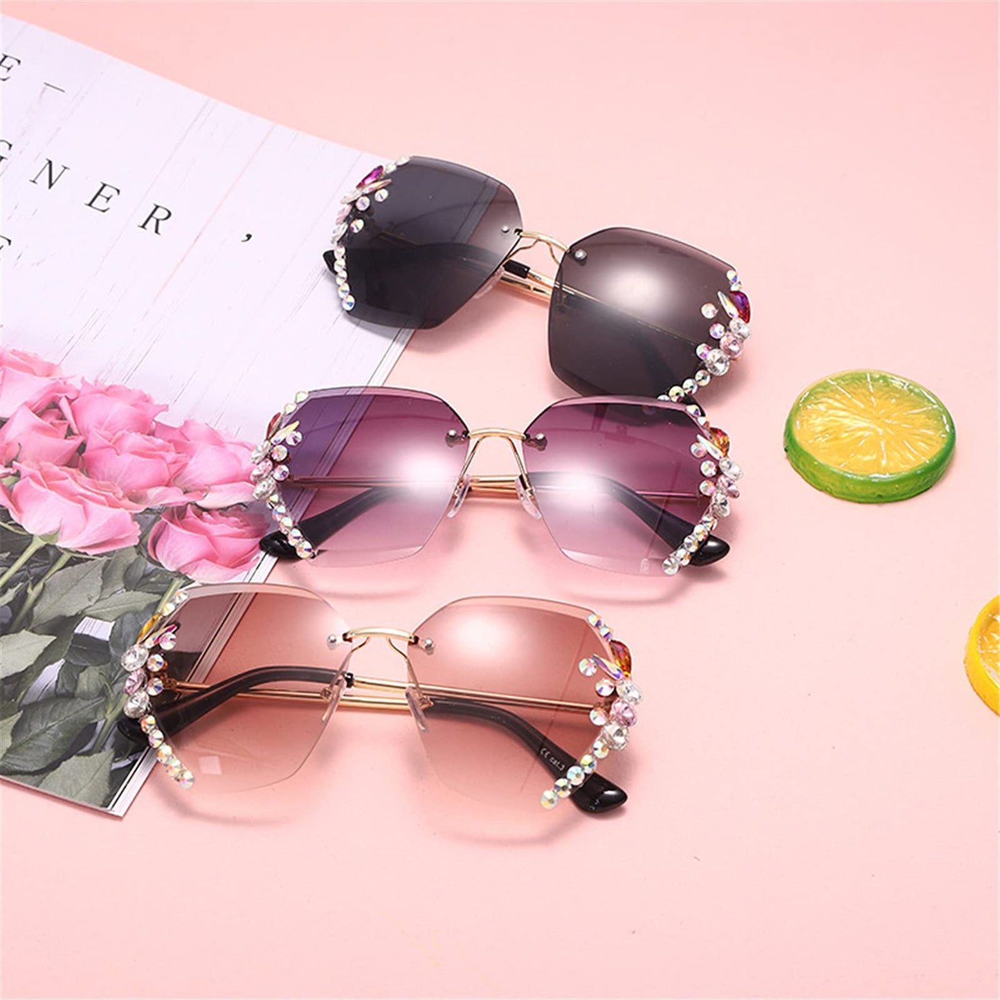2025 Willochra Square Crystal Vintage Rimless Rhinestone Sunglasses Fashion Gradient Lens Sun Glasses Shades for Female - Xpressa