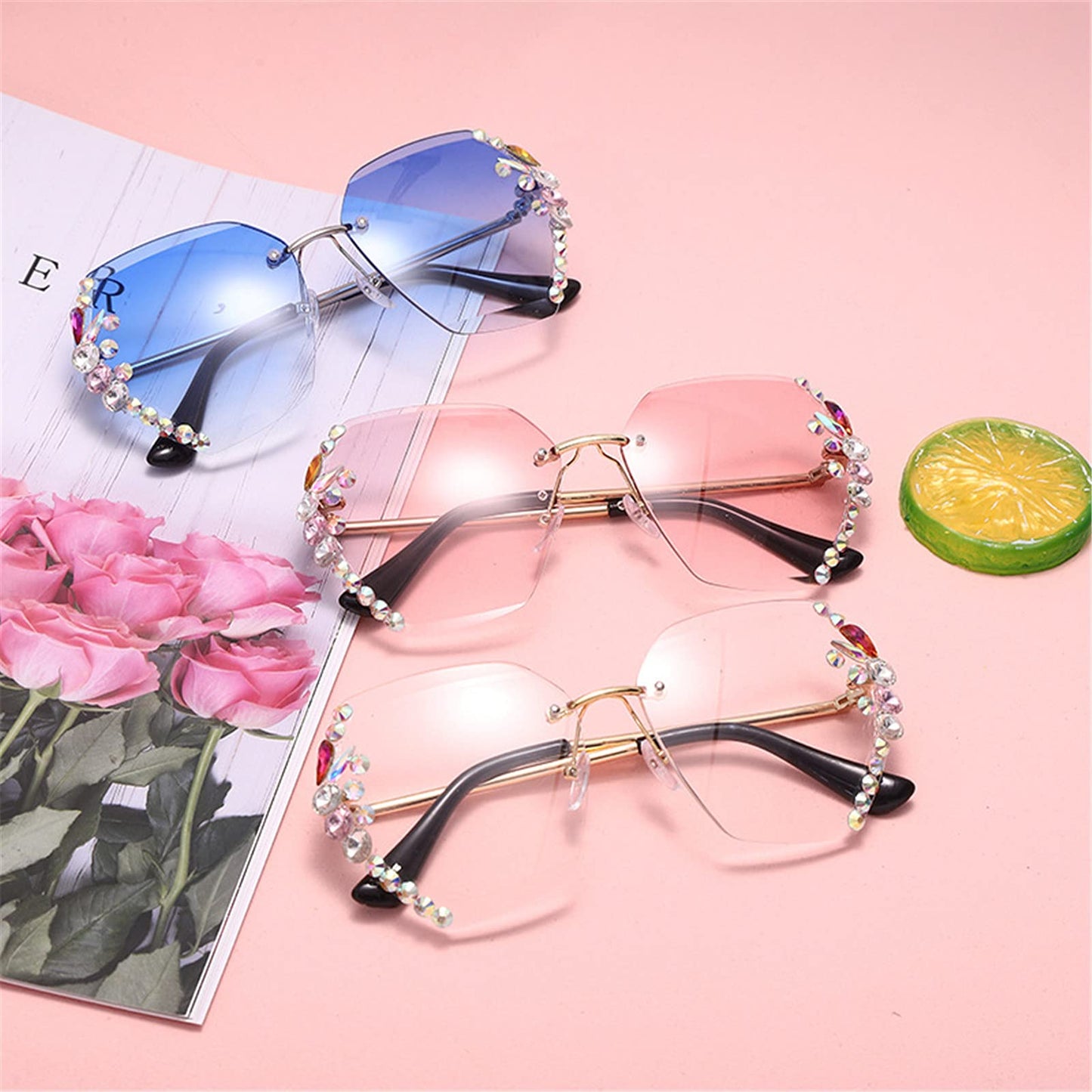 2025 Willochra Square Crystal Vintage Rimless Rhinestone Sunglasses Fashion Gradient Lens Sun Glasses Shades for Female - Xpressa