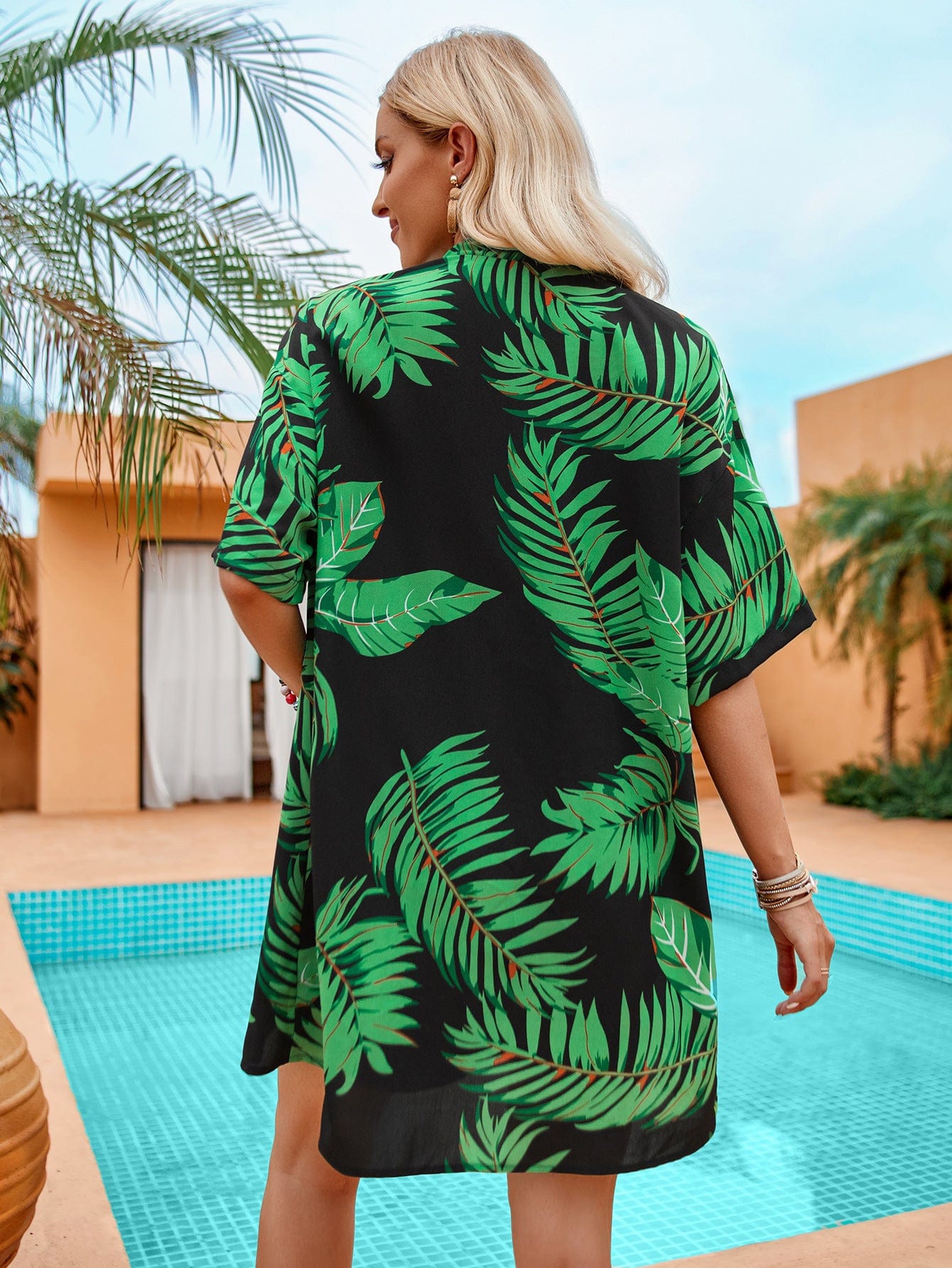 2pcs Casual Holiday Leaves Print Suit Summer Short Sleeve Shirt Top And Drawstring Shorts Sets For Womens Clothing - Xpressa