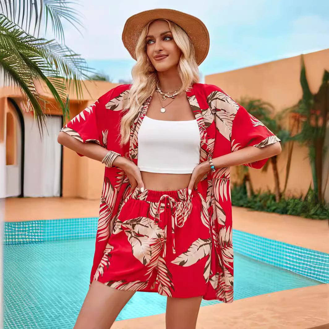 2pcs Casual Holiday Leaves Print Suit Summer Short Sleeve Shirt Top And Drawstring Shorts Sets For Womens Clothing - Xpressa