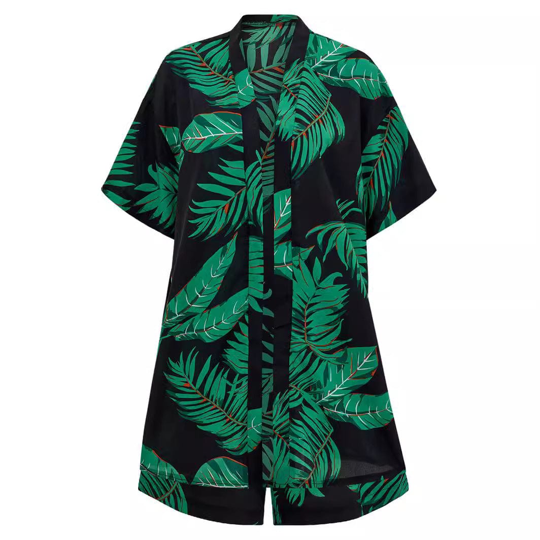 2pcs Casual Holiday Leaves Print Suit Summer Short Sleeve Shirt Top And Drawstring Shorts Sets For Womens Clothing - Xpressa