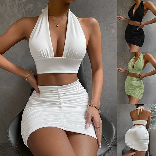 2pcs Dress Suits For Women Halter Lace - up Hip Top And Pleated Hip - covering Skirt - Xpressa
