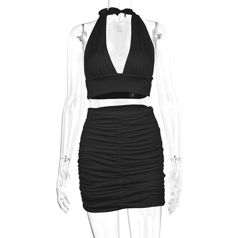 2pcs Dress Suits For Women Halter Lace - up Hip Top And Pleated Hip - covering Skirt - Xpressa