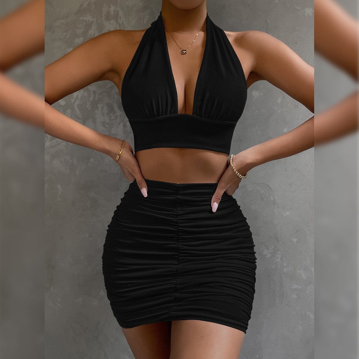 2pcs Dress Suits For Women Halter Lace - up Hip Top And Pleated Hip - covering Skirt - Xpressa