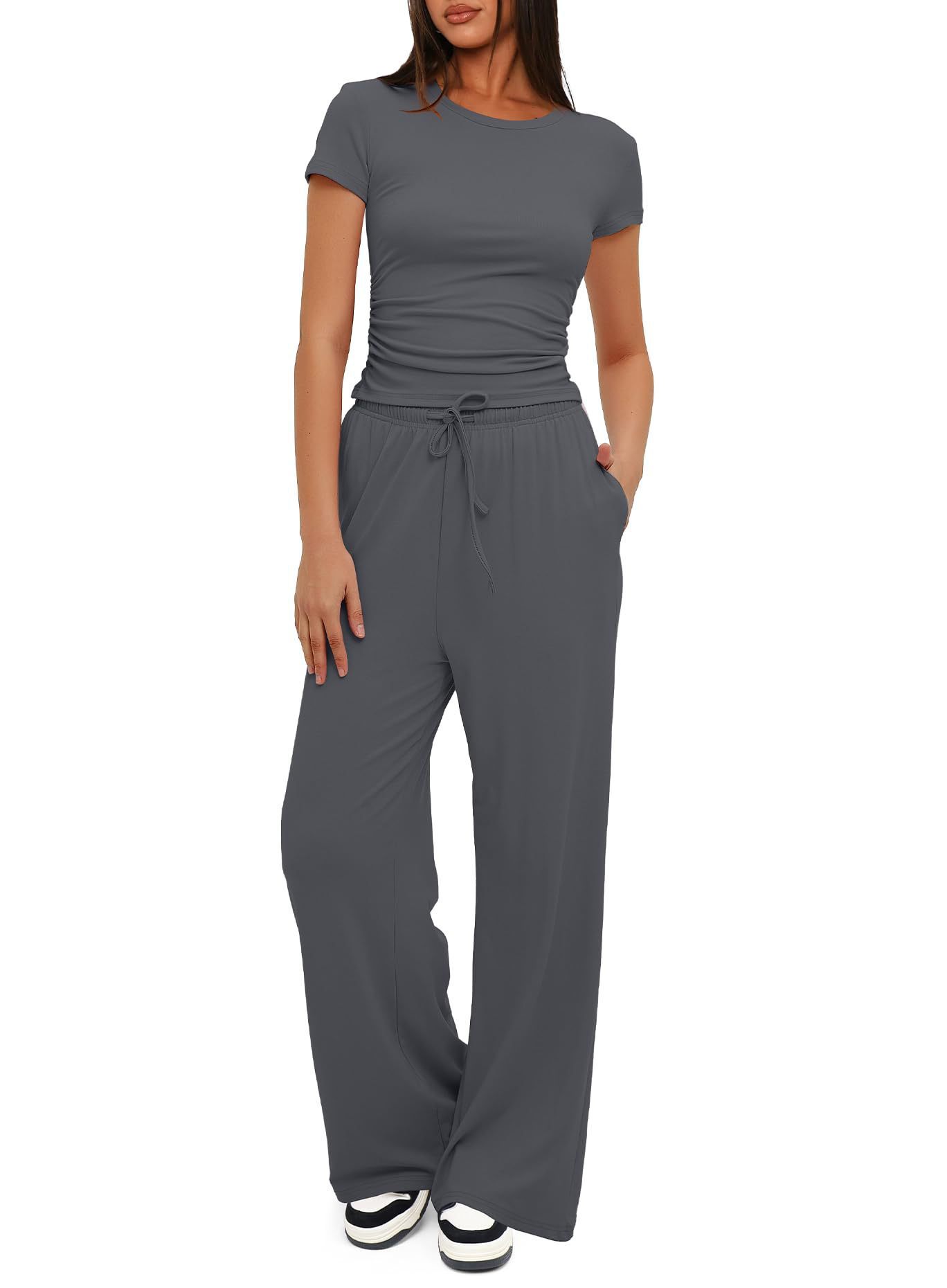 2pcs Solid Color Casual Sports Yoga Suit Short - sleeved Top And High - waisted Drawstring Wide - leg Pants Summer Fashion Set For Womens Clothing - Xpressa