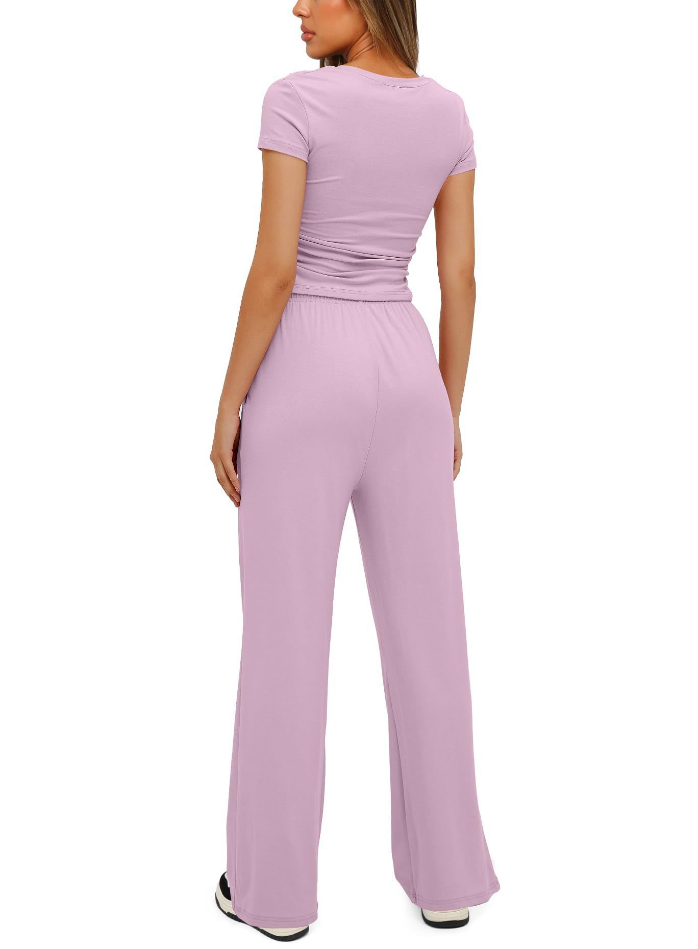 2pcs Solid Color Casual Sports Yoga Suit Short - sleeved Top And High - waisted Drawstring Wide - leg Pants Summer Fashion Set For Womens Clothing - Xpressa