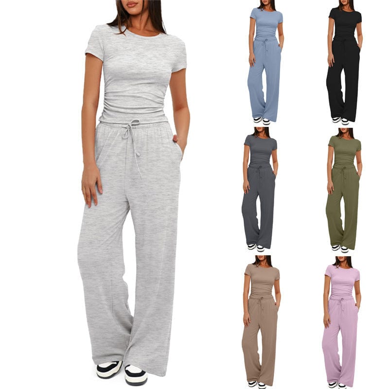 2pcs Solid Color Casual Sports Yoga Suit Short - sleeved Top And High - waisted Drawstring Wide - leg Pants Summer Fashion Set For Womens Clothing - Xpressa