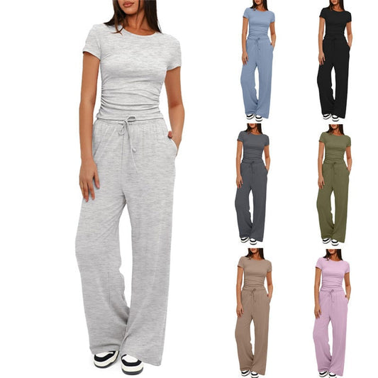 2pcs Solid Color Casual Sports Yoga Suit Short - sleeved Top And High - waisted Drawstring Wide - leg Pants Summer Fashion Set For Womens Clothing - Xpressa
