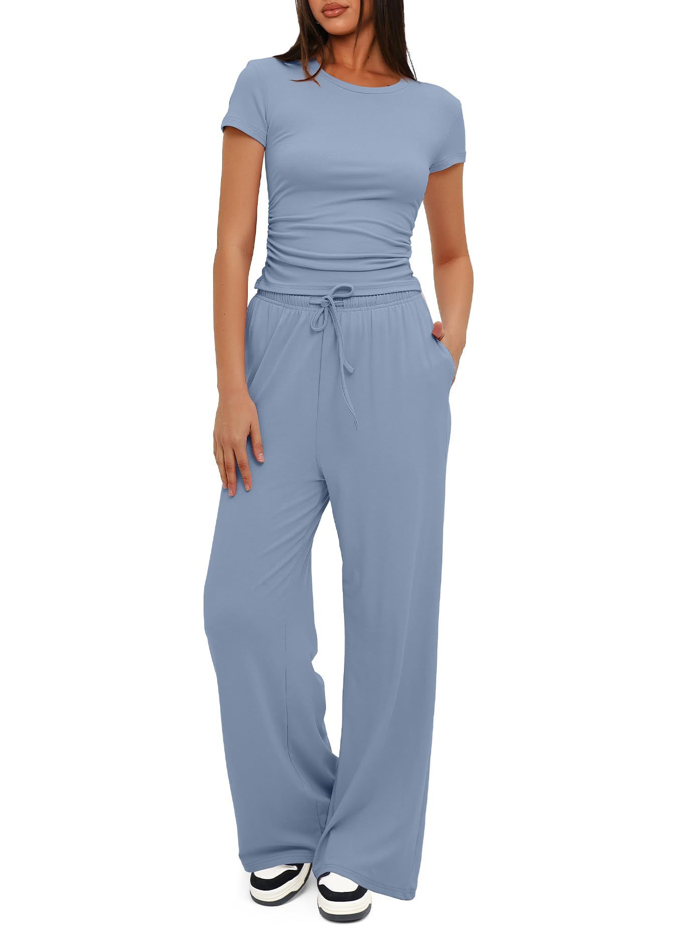 2pcs Solid Color Casual Sports Yoga Suit Short - sleeved Top And High - waisted Drawstring Wide - leg Pants Summer Fashion Set For Womens Clothing - Xpressa