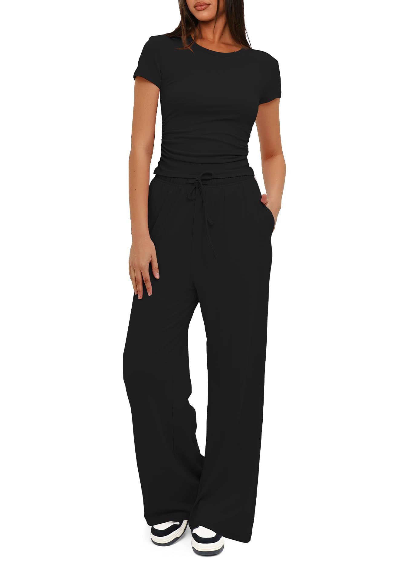2pcs Solid Color Casual Sports Yoga Suit Short - sleeved Top And High - waisted Drawstring Wide - leg Pants Summer Fashion Set For Womens Clothing - Xpressa