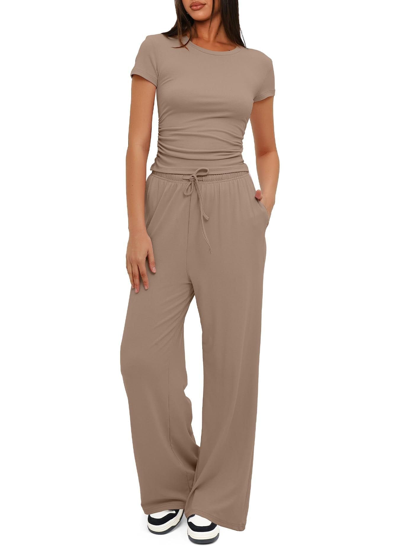 2pcs Solid Color Casual Sports Yoga Suit Short - sleeved Top And High - waisted Drawstring Wide - leg Pants Summer Fashion Set For Womens Clothing - Xpressa