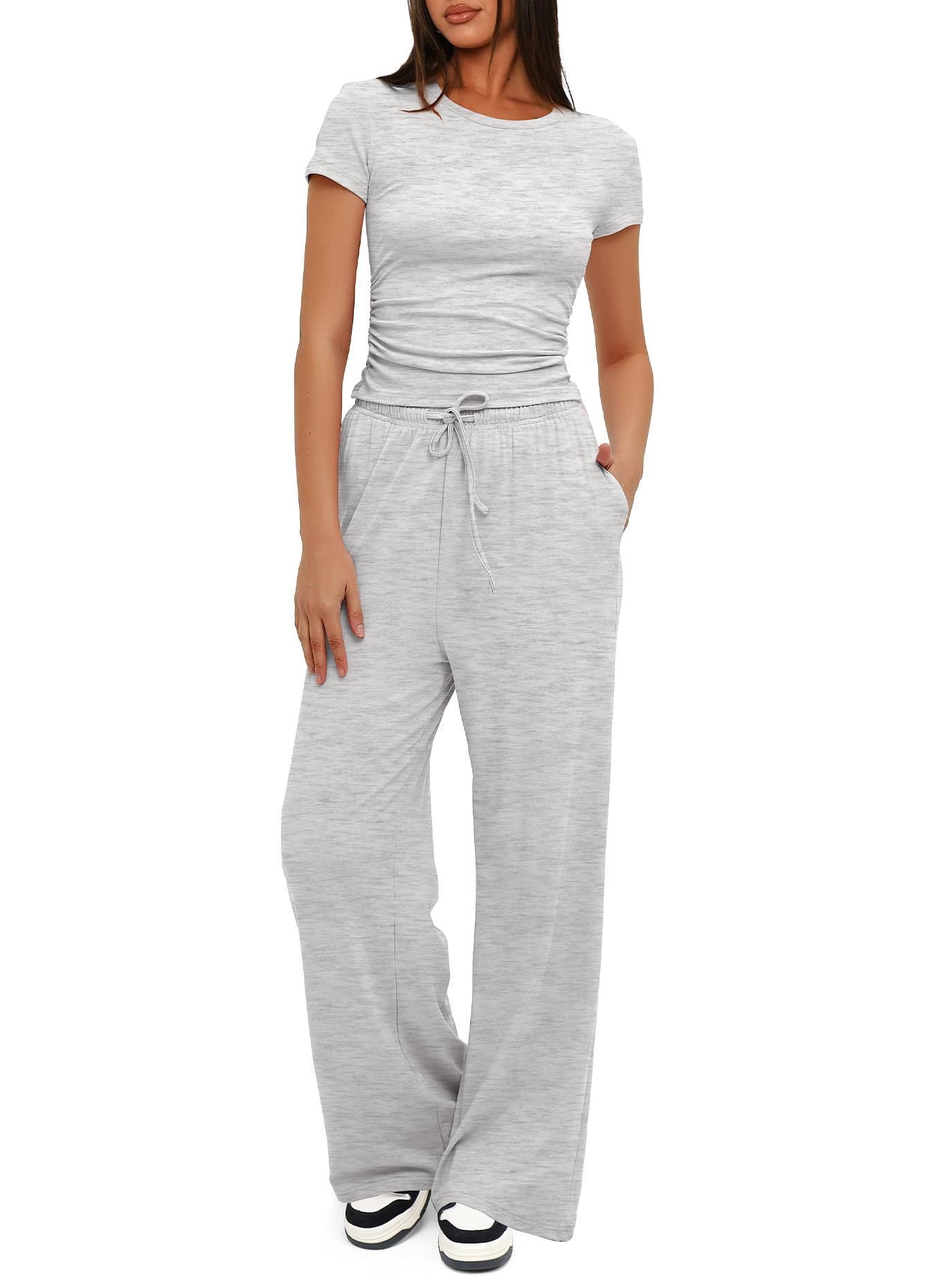 2pcs Solid Color Casual Sports Yoga Suit Short - sleeved Top And High - waisted Drawstring Wide - leg Pants Summer Fashion Set For Womens Clothing - Xpressa